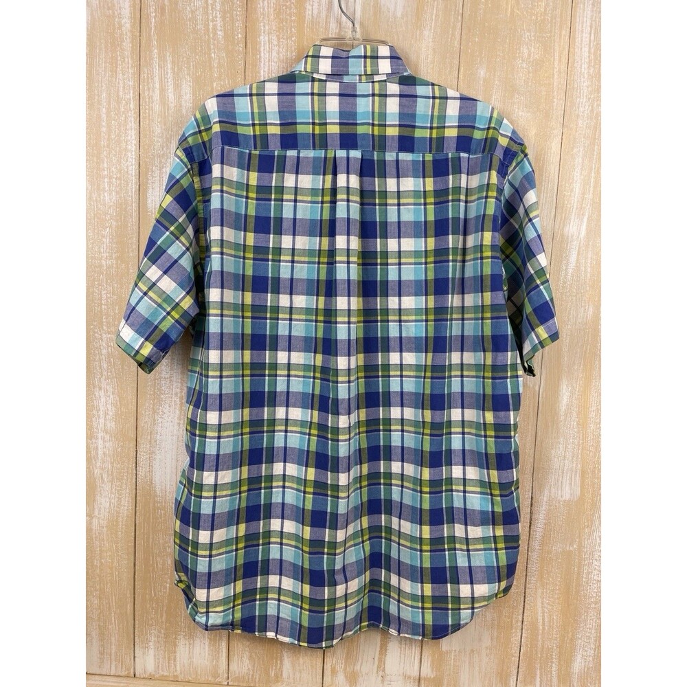 Brooks Brothers 346 Men’s L Cotton Short Sleeve Shirt Blue Green Plaid Pocket - Picture 4 of 8
